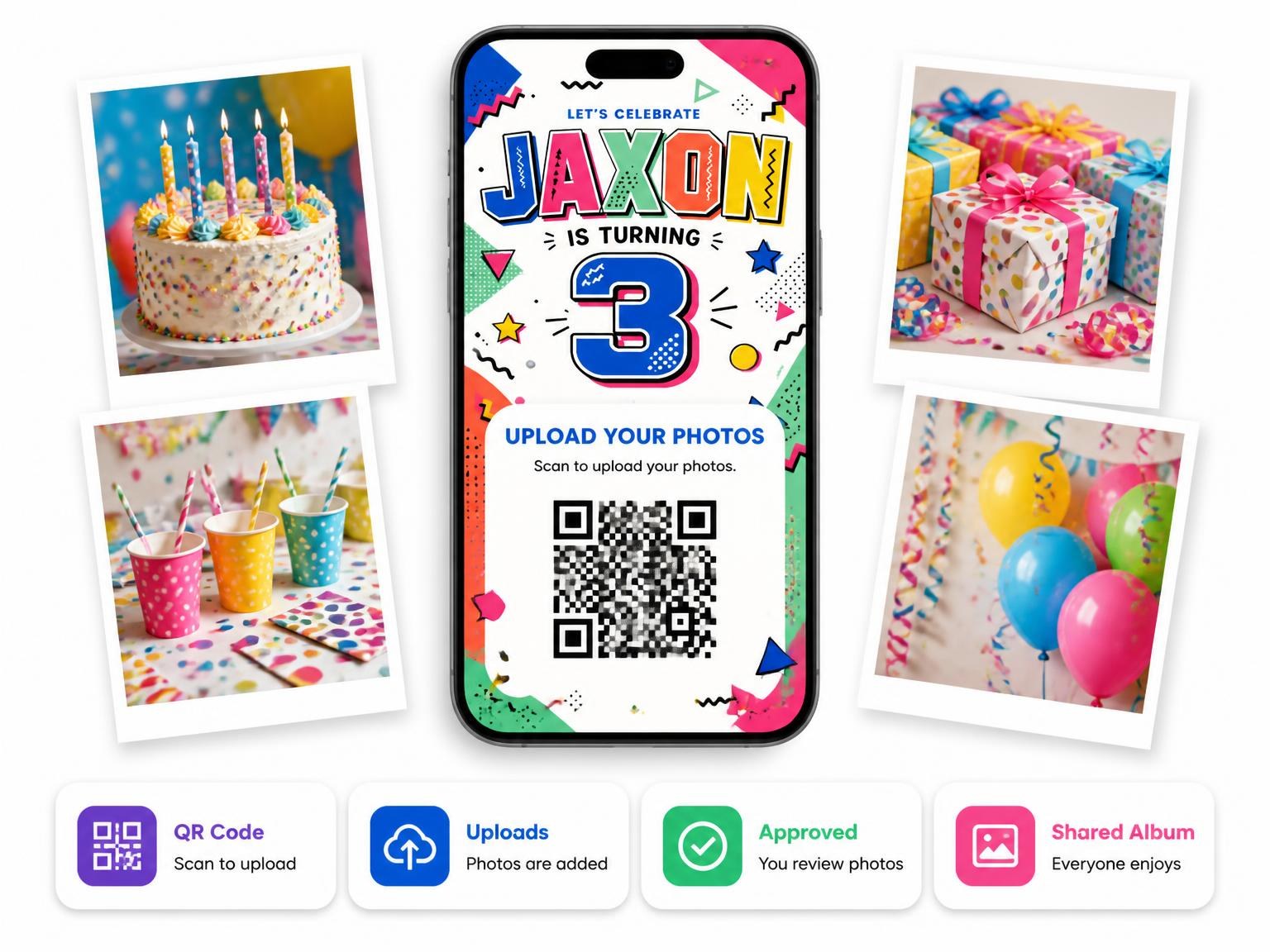 The shared photo gallery that comes with the Memphis Pop 3rd Birthday Invitation invitation