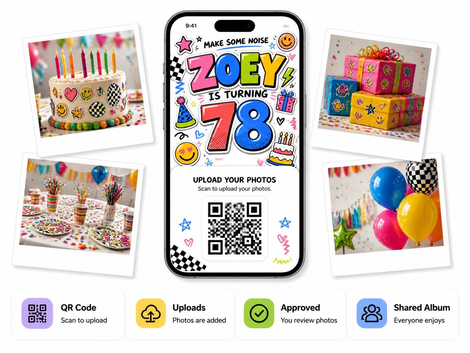 The shared photo gallery that comes with the Sticker Pop 78th Birthday Invitation invitation
