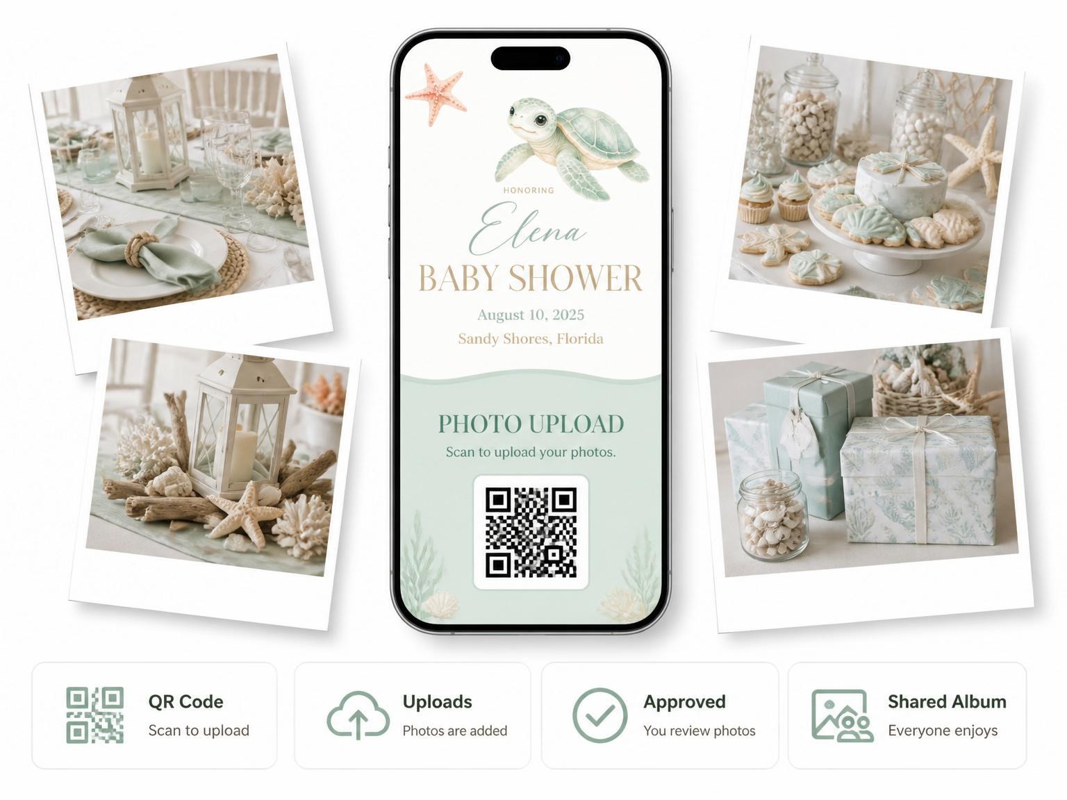 The shared photo gallery that comes with the Green Watercolor Sea Turtle Baby Shower invitation