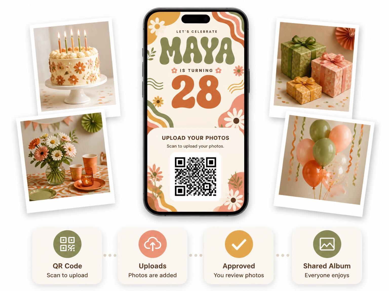 The shared photo gallery that comes with the Groovy Retro 28th Birthday Invitation invitation
