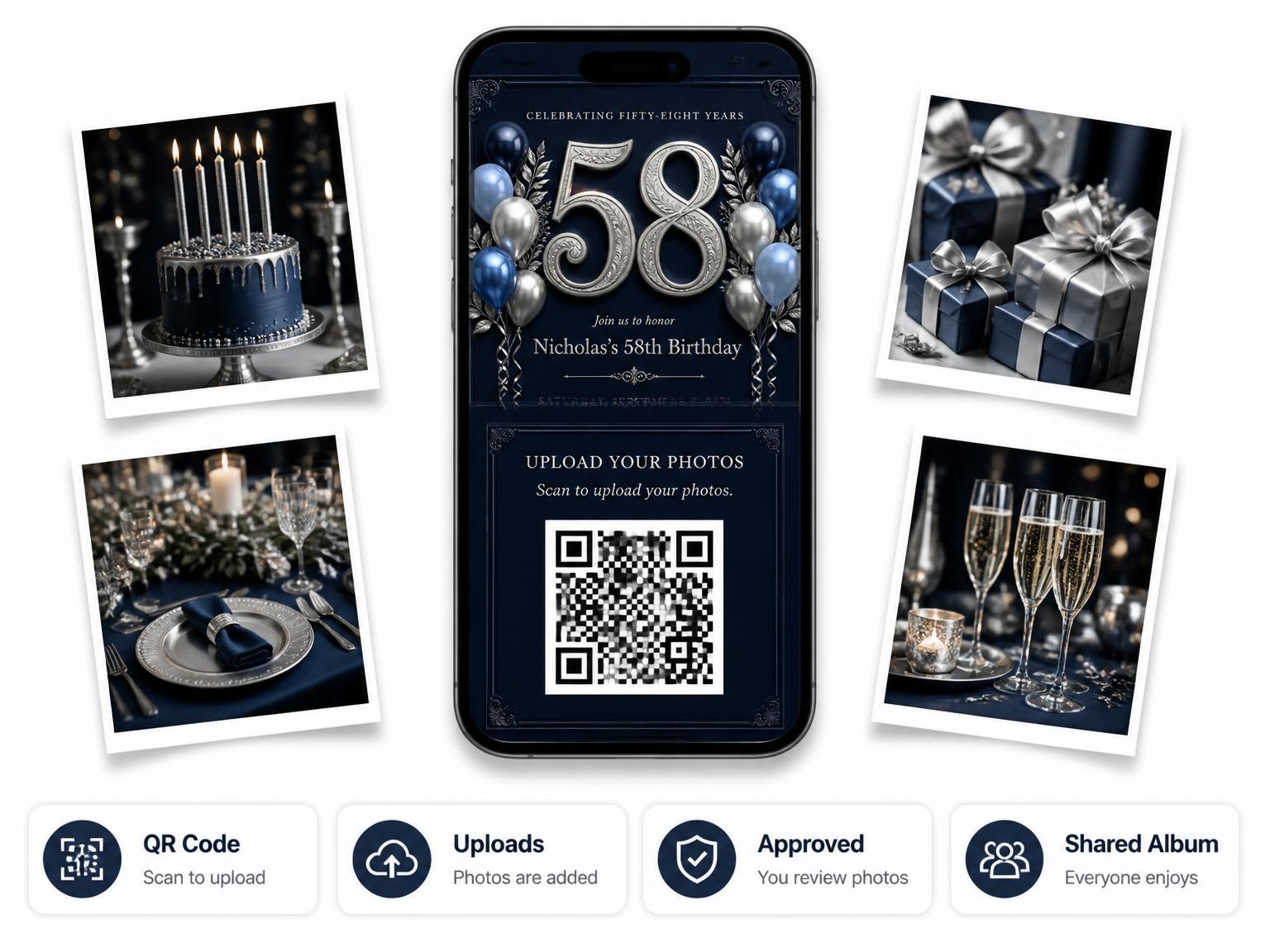 The shared photo gallery that comes with the Navy and Silver 58th Birthday Invitation invitation
