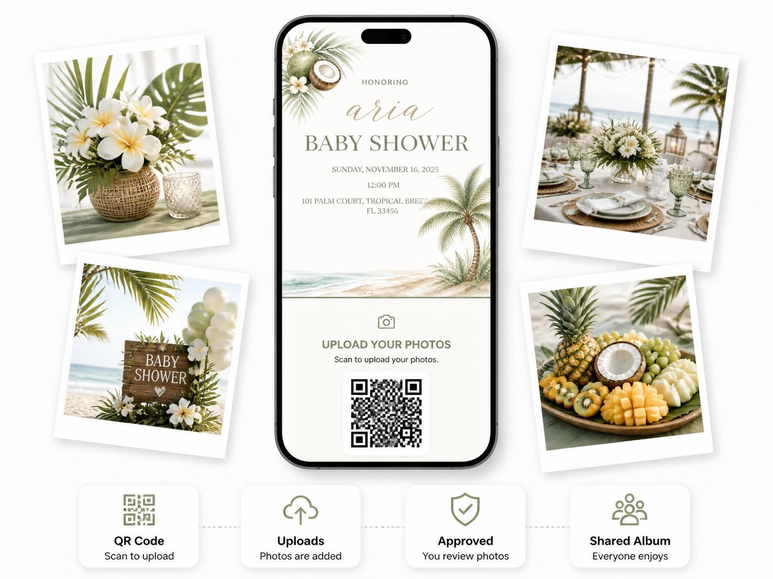 The shared photo gallery that comes with the Watercolor Palm Tropical Baby Shower invitation