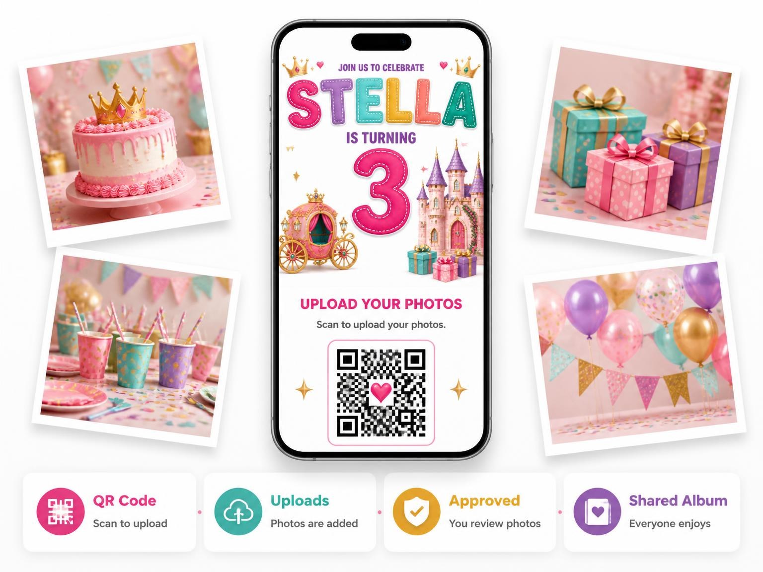 The shared photo gallery that comes with the Fairytale Castle 3rd Birthday Invitation invitation