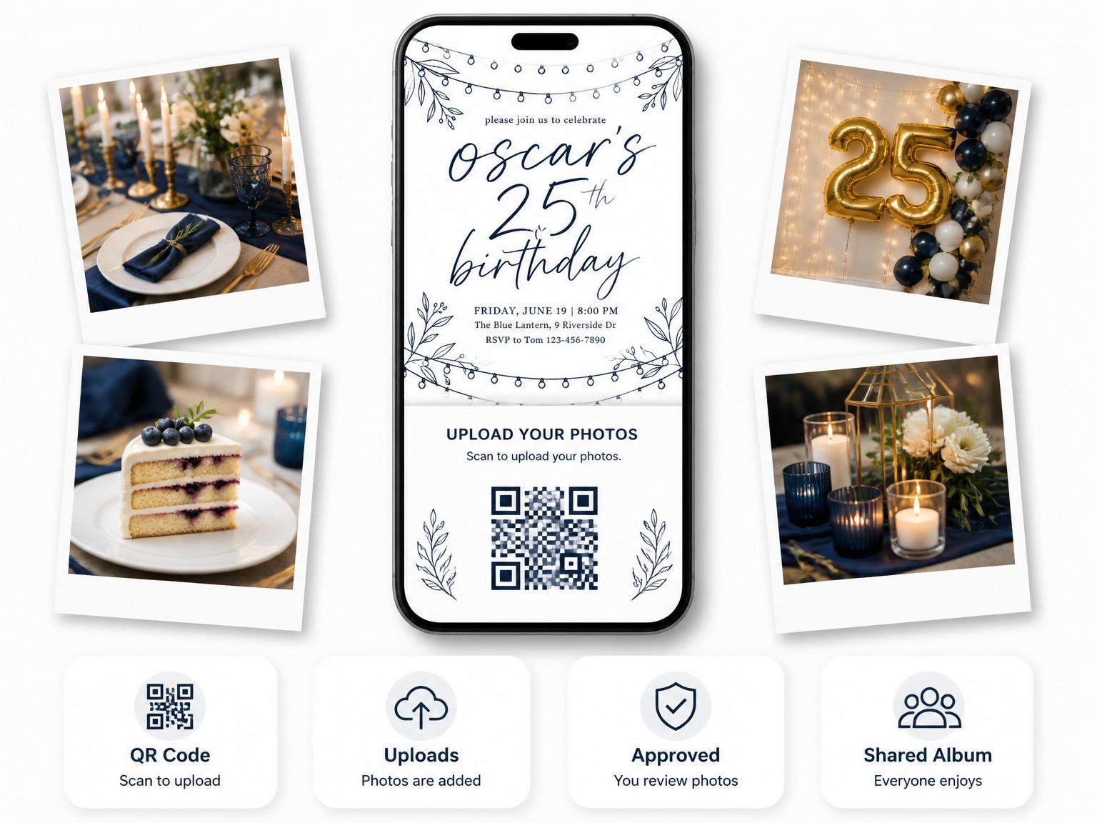 The shared photo gallery that comes with the Navy Line Art String Light 25th Birthday invitation