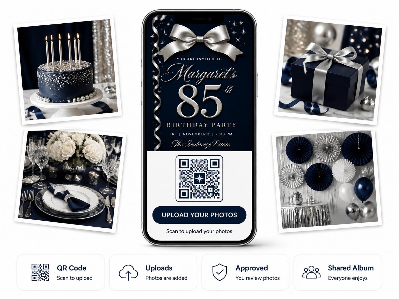 The shared photo gallery that comes with the Elegant Navy 85th Birthday Invitation invitation