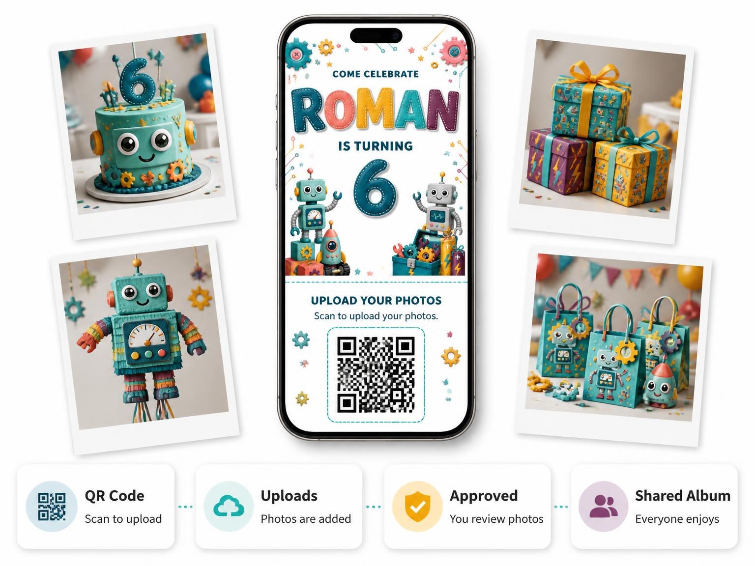 The shared photo gallery that comes with the Stitched Robot 6th Birthday Invitation invitation
