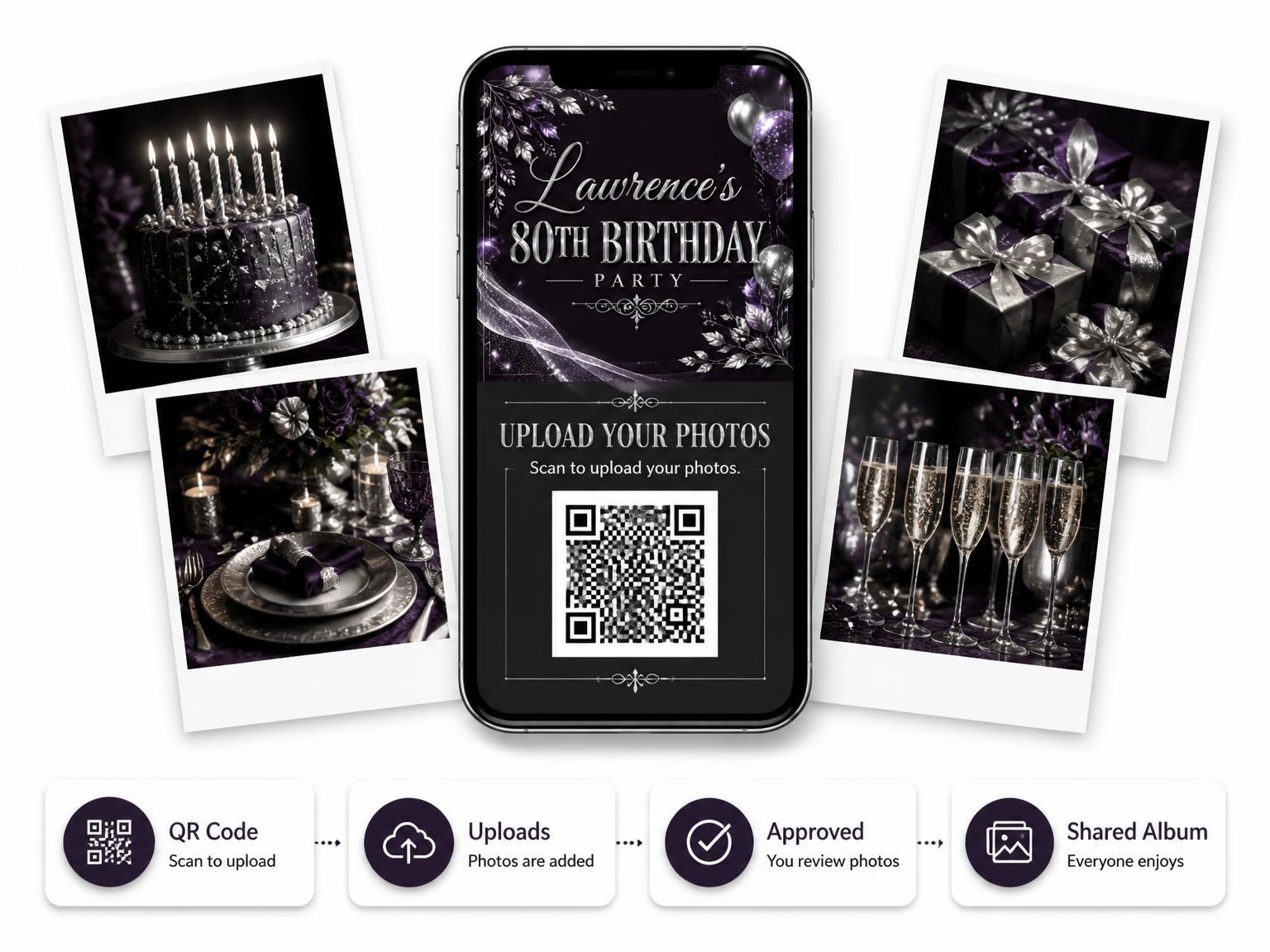 The shared photo gallery that comes with the Plum and Silver 80th Birthday Invitation invitation