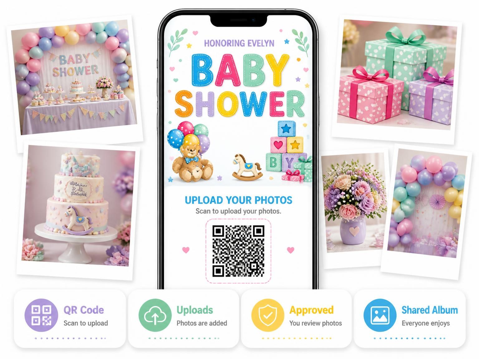 The shared photo gallery that comes with the Alphabet Toy Baby Shower Invitation invitation