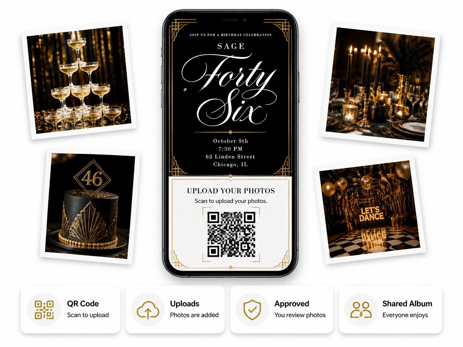 The shared photo gallery that comes with the Art Deco 46th Birthday Invitation invitation