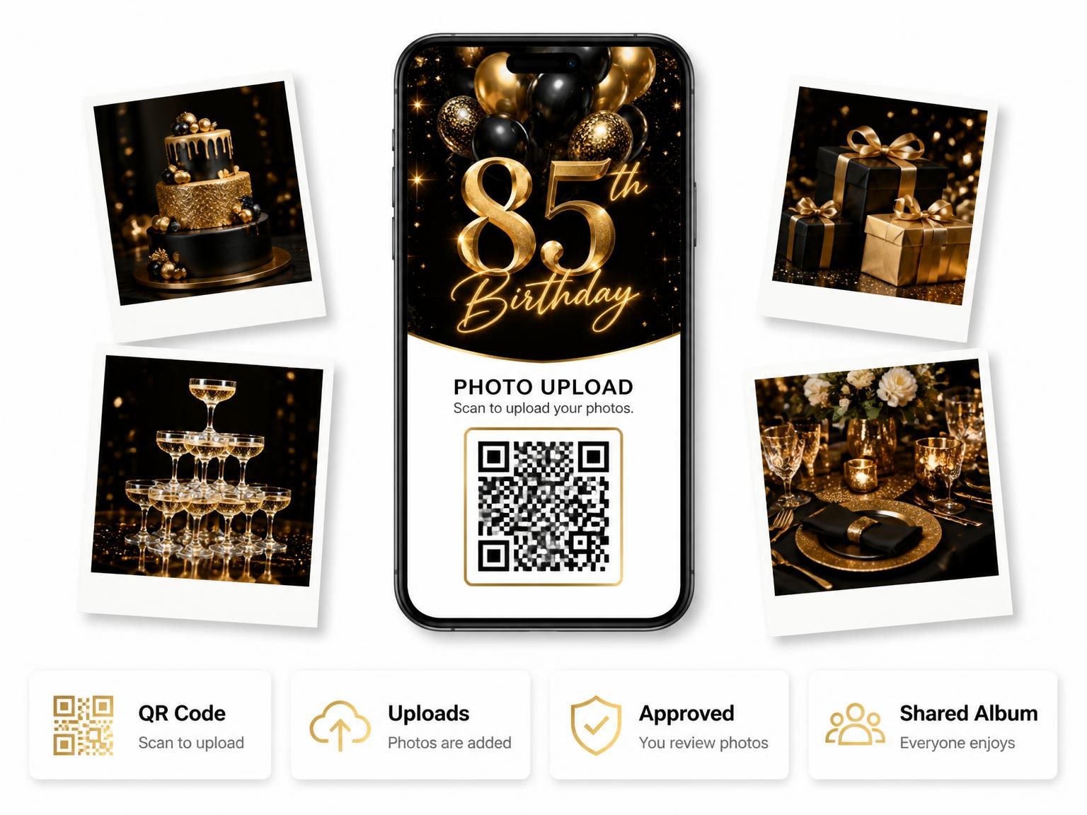 The shared photo gallery that comes with the Black and Gold Balloon 85th Birthday invitation