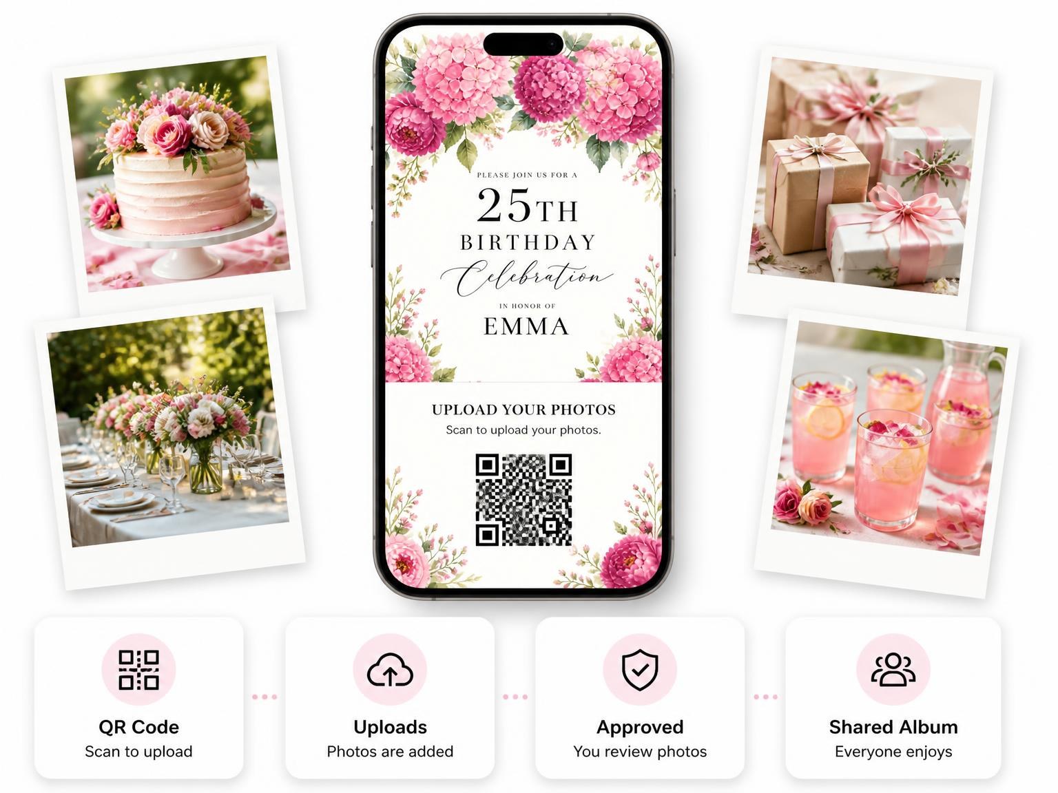 The shared photo gallery that comes with the Fuchsia Peony Blossoms 25th Birthday Invitation invitation