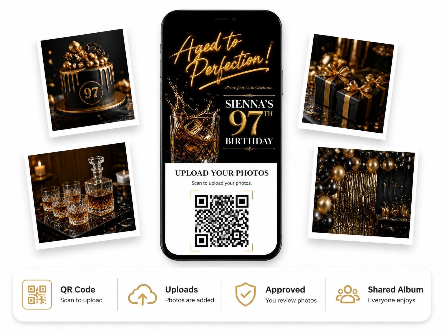 The shared photo gallery that comes with the Crystal Whiskey 97th Birthday Invitation invitation
