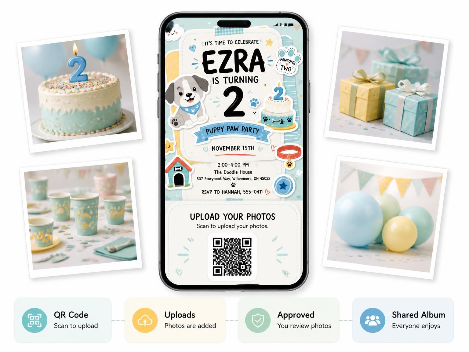 The shared photo gallery that comes with the Puppy Pastel Scrapbook 2nd Birthday Invitation invitation