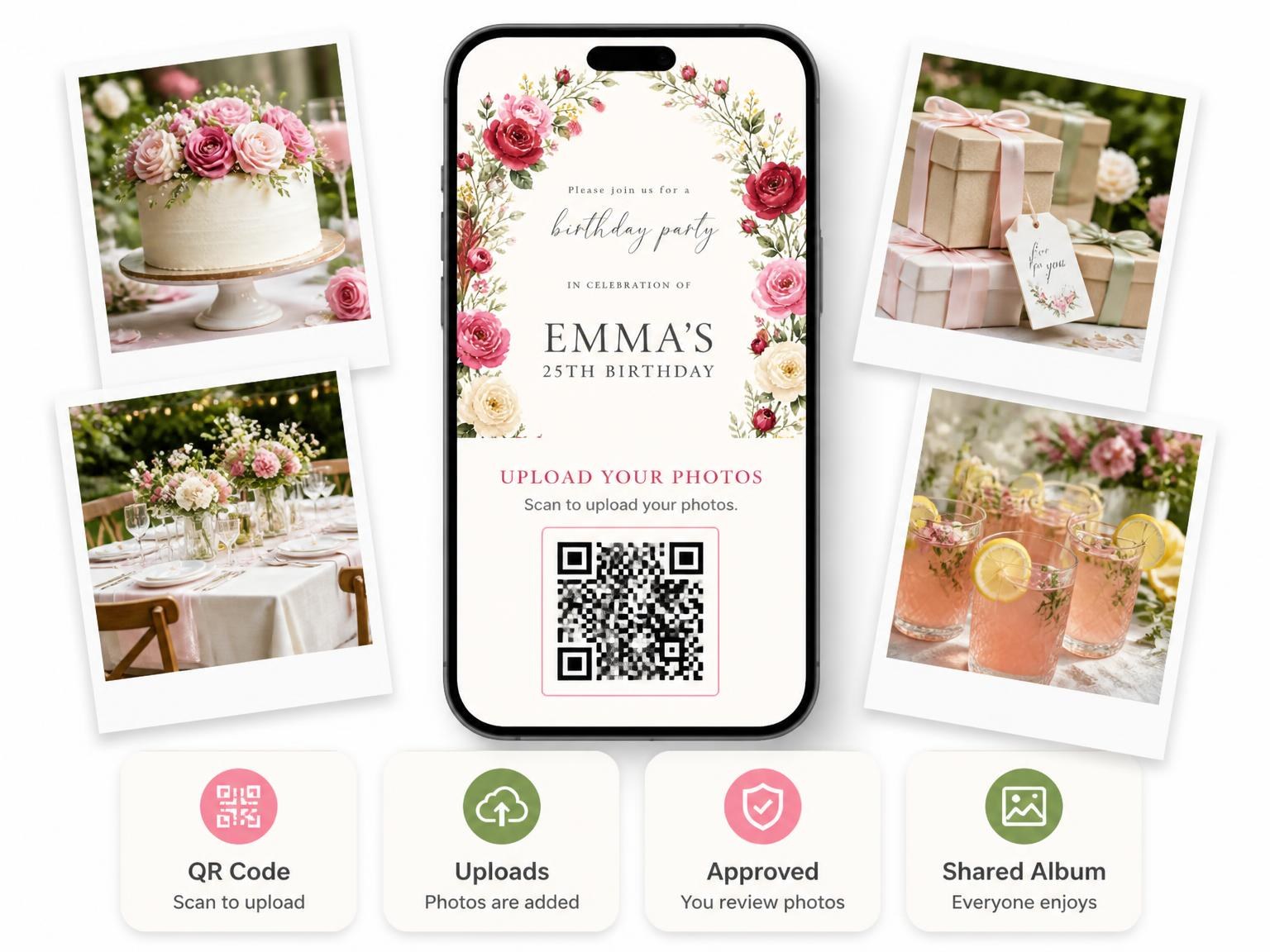 The shared photo gallery that comes with the Rose Wreath Scarlet 25th Birthday Invitation invitation