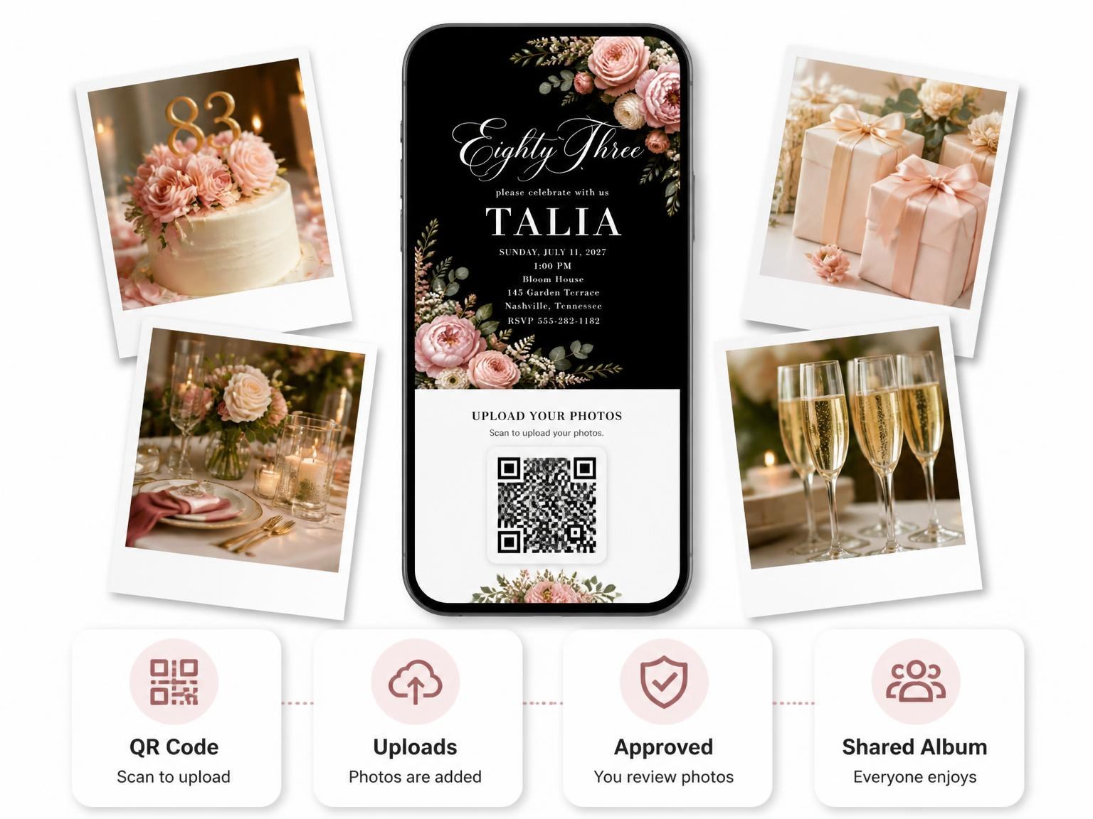 The shared photo gallery that comes with the Black Floral 83rd Birthday Invitation invitation