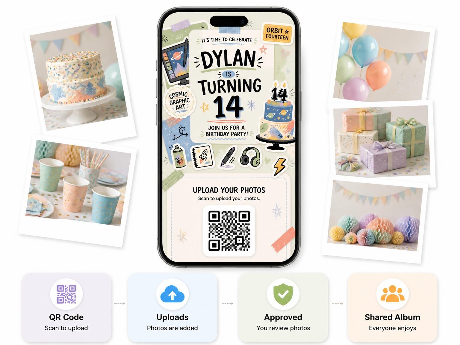 The shared photo gallery that comes with the Pastel Digital Art 14th Birthday Invitation invitation