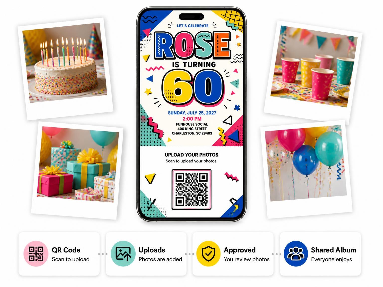 The shared photo gallery that comes with the Memphis Pop 60th Birthday Invitation invitation