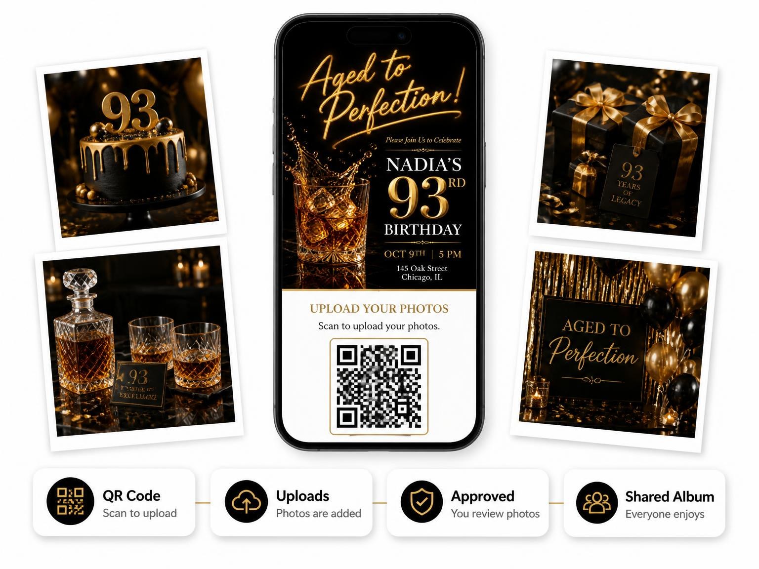 The shared photo gallery that comes with the Whiskey Tumbler 93rd Birthday Invitation invitation