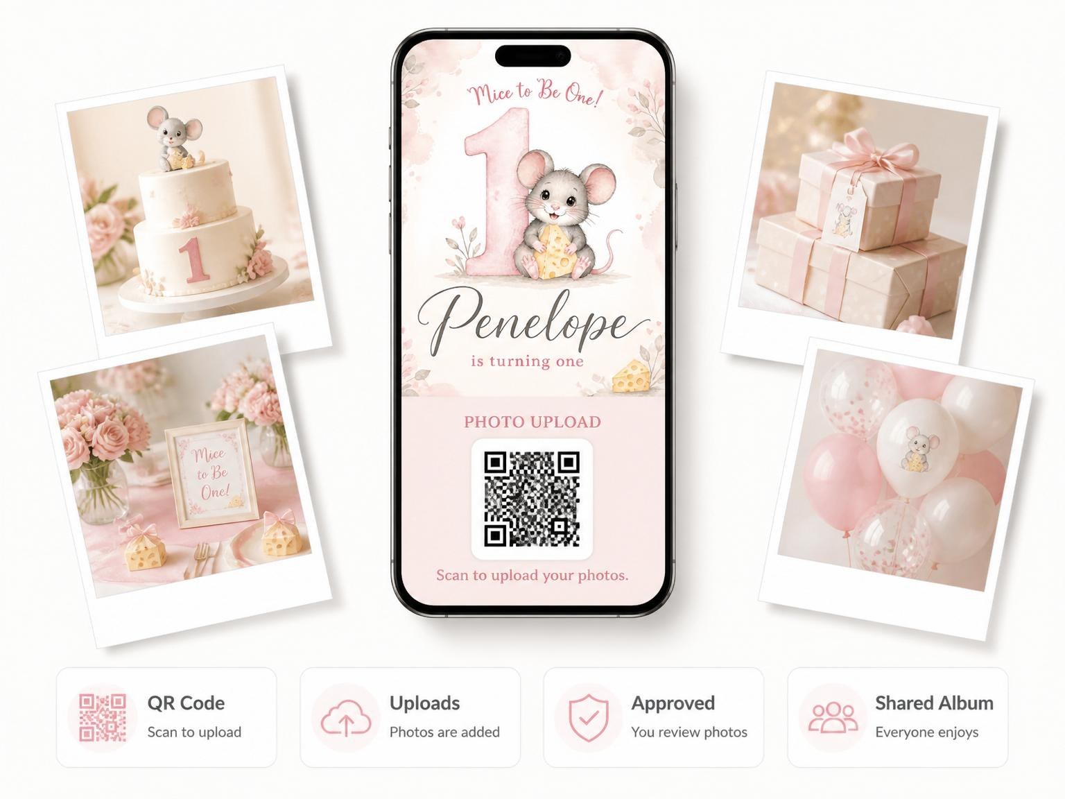 The shared photo gallery that comes with the Pink Watercolor Mouse 1st Birthday invitation