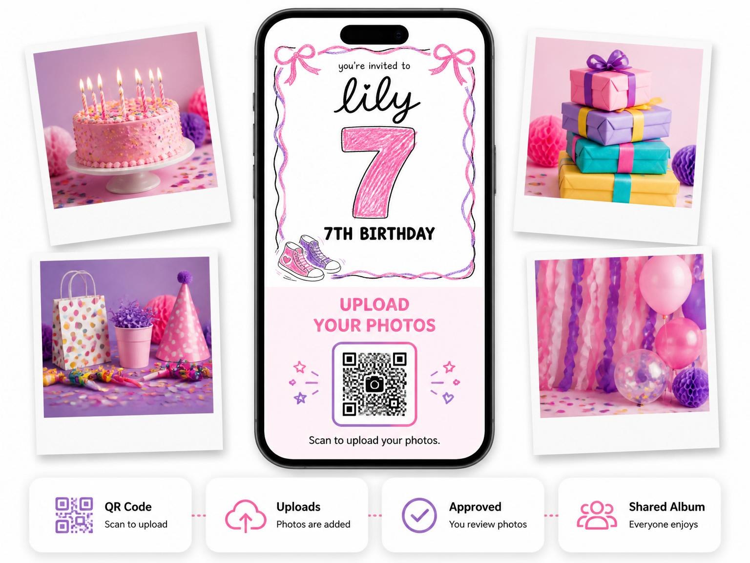 The shared photo gallery that comes with the Pink Crayon Sneaker 7th Birthday Invitation invitation