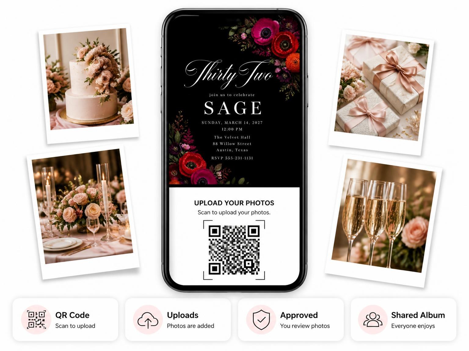 The shared photo gallery that comes with the Black Floral 32nd Birthday Invitation invitation