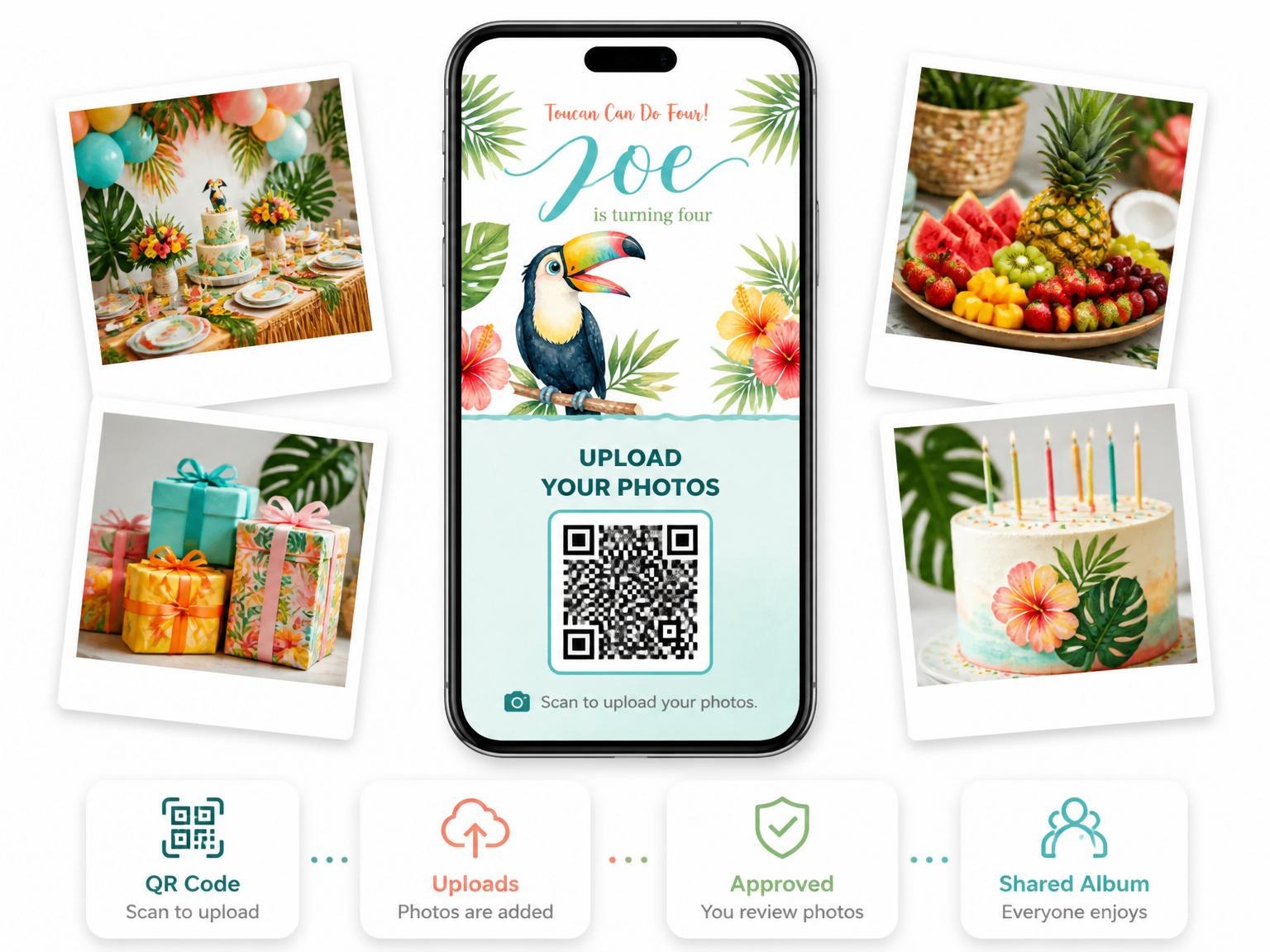 The shared photo gallery that comes with the Watercolor Toucan Tropical 4th Birthday Invitation invitation