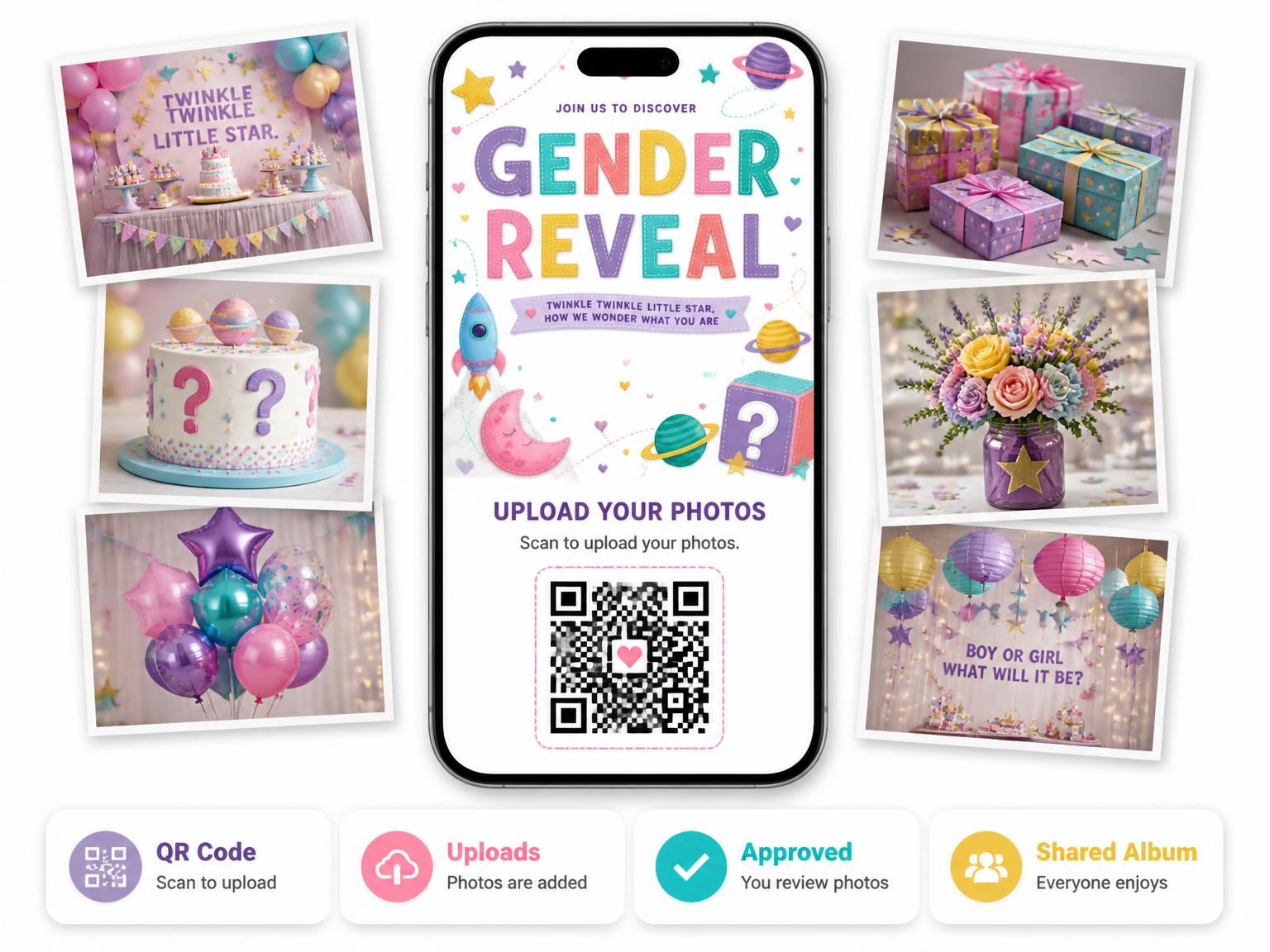 The shared photo gallery that comes with the Rocket Ship Gender Reveal Invitation invitation