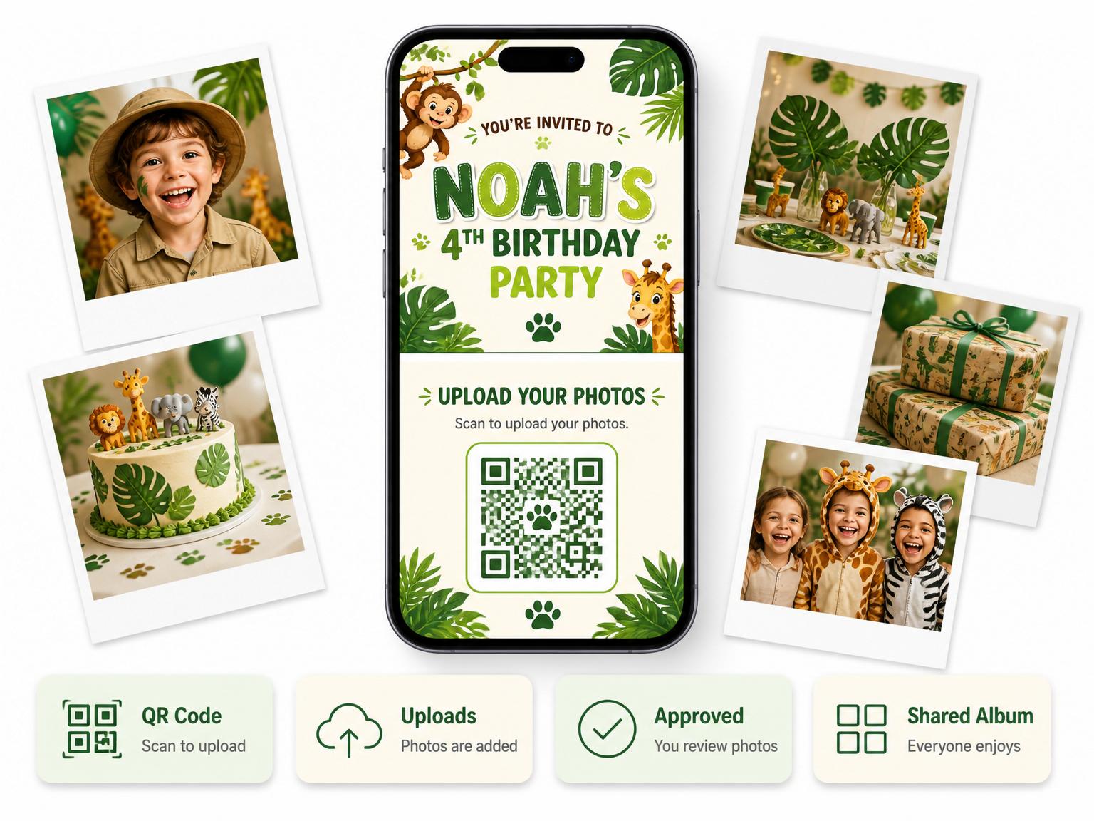 The shared photo gallery that comes with the Wild Safari Adventure 4th Birthday Invitation invitation