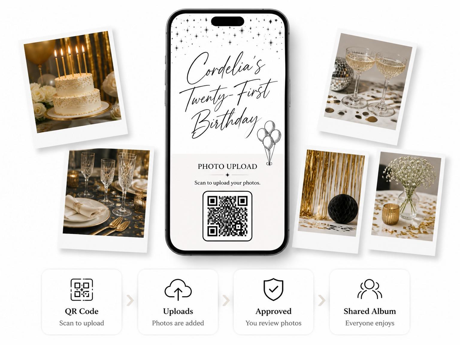The shared photo gallery that comes with the Black and White Stars 21st Birthday invitation