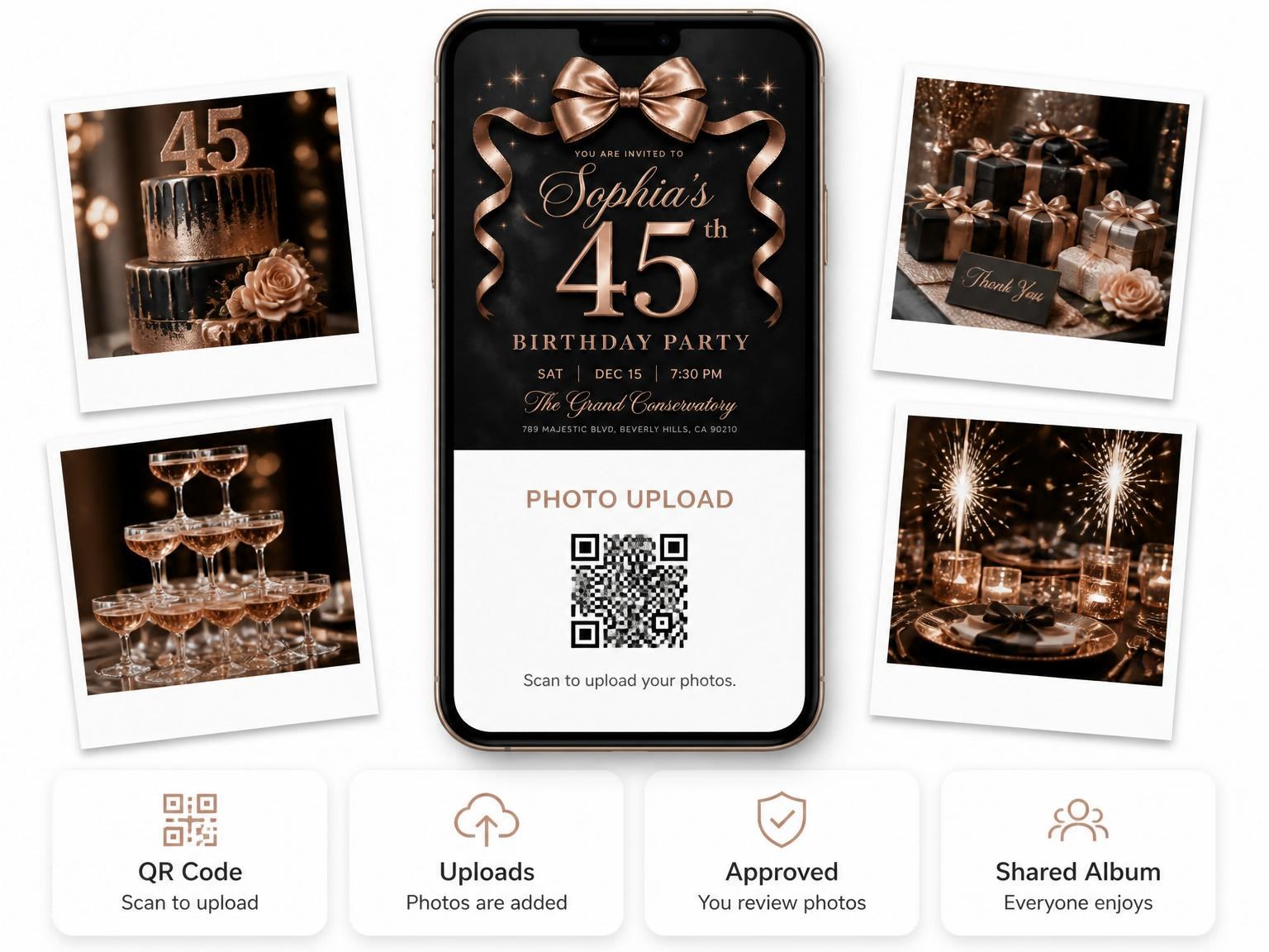 The shared photo gallery that comes with the Rose Gold Bow 45th Birthday Invitation invitation