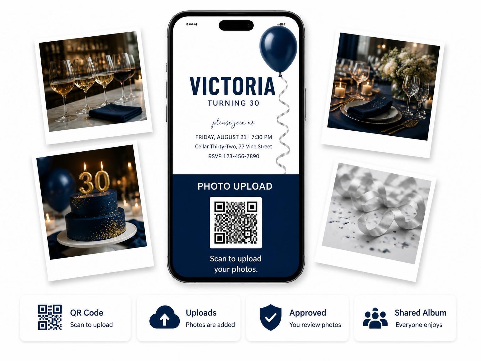 The shared photo gallery that comes with the Navy Balloon Silver Ribbon 30th Birthday invitation