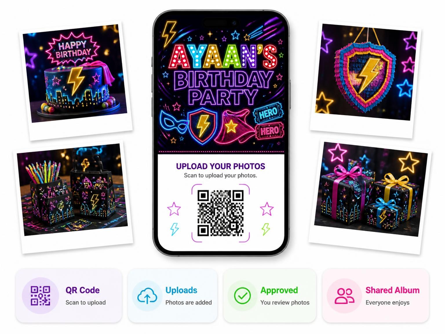 The shared photo gallery that comes with the Neon Superhero 14th Birthday Invitation invitation