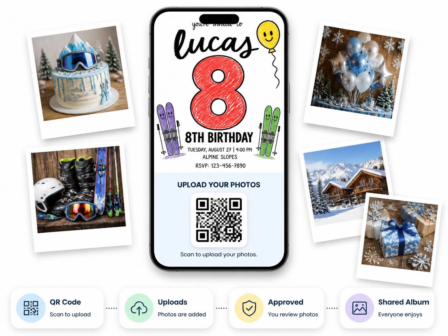 The shared photo gallery that comes with the Crayon Ski Winter 8th Birthday Invitation invitation