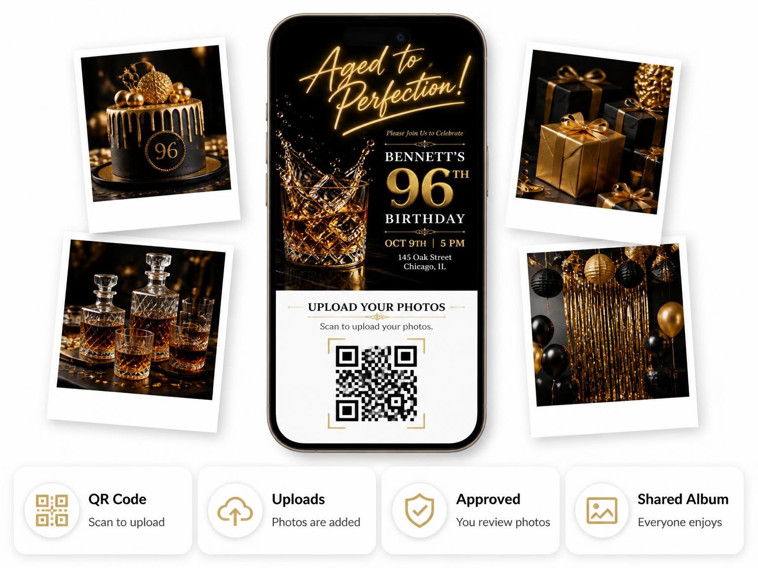 The shared photo gallery that comes with the Whiskey Glass 96th Birthday Invitation invitation