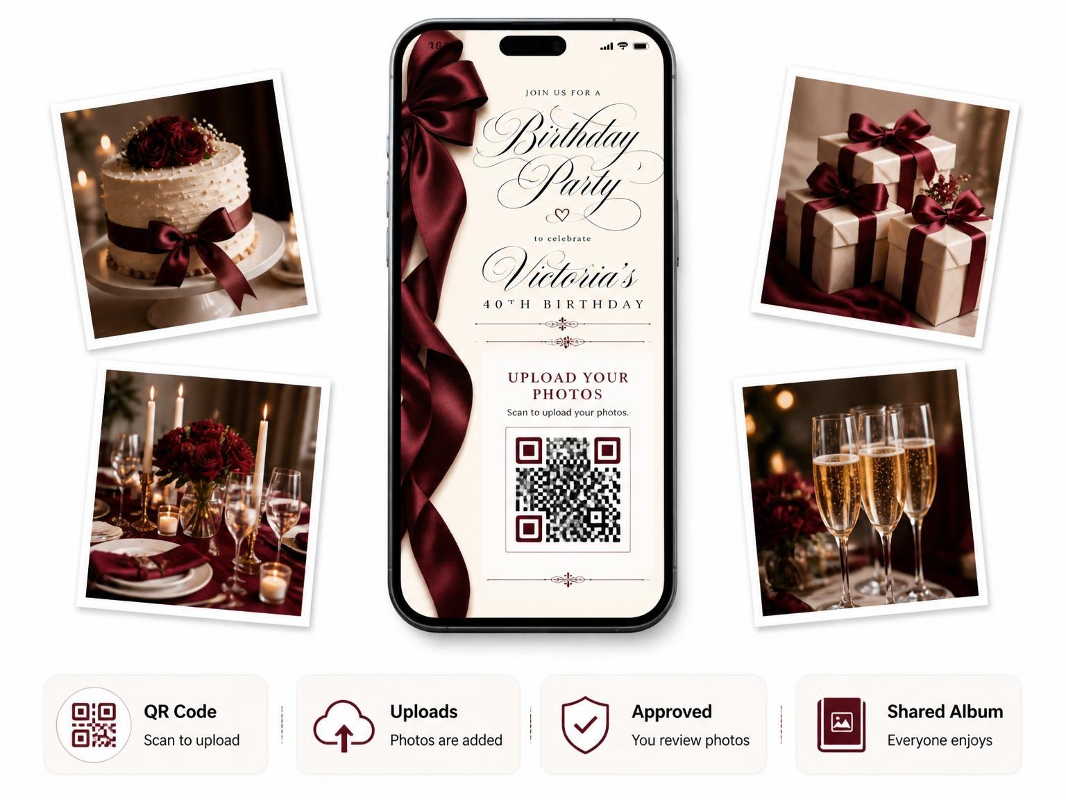 The shared photo gallery that comes with the Burgundy Satin Bow 40th Birthday Invitation invitation
