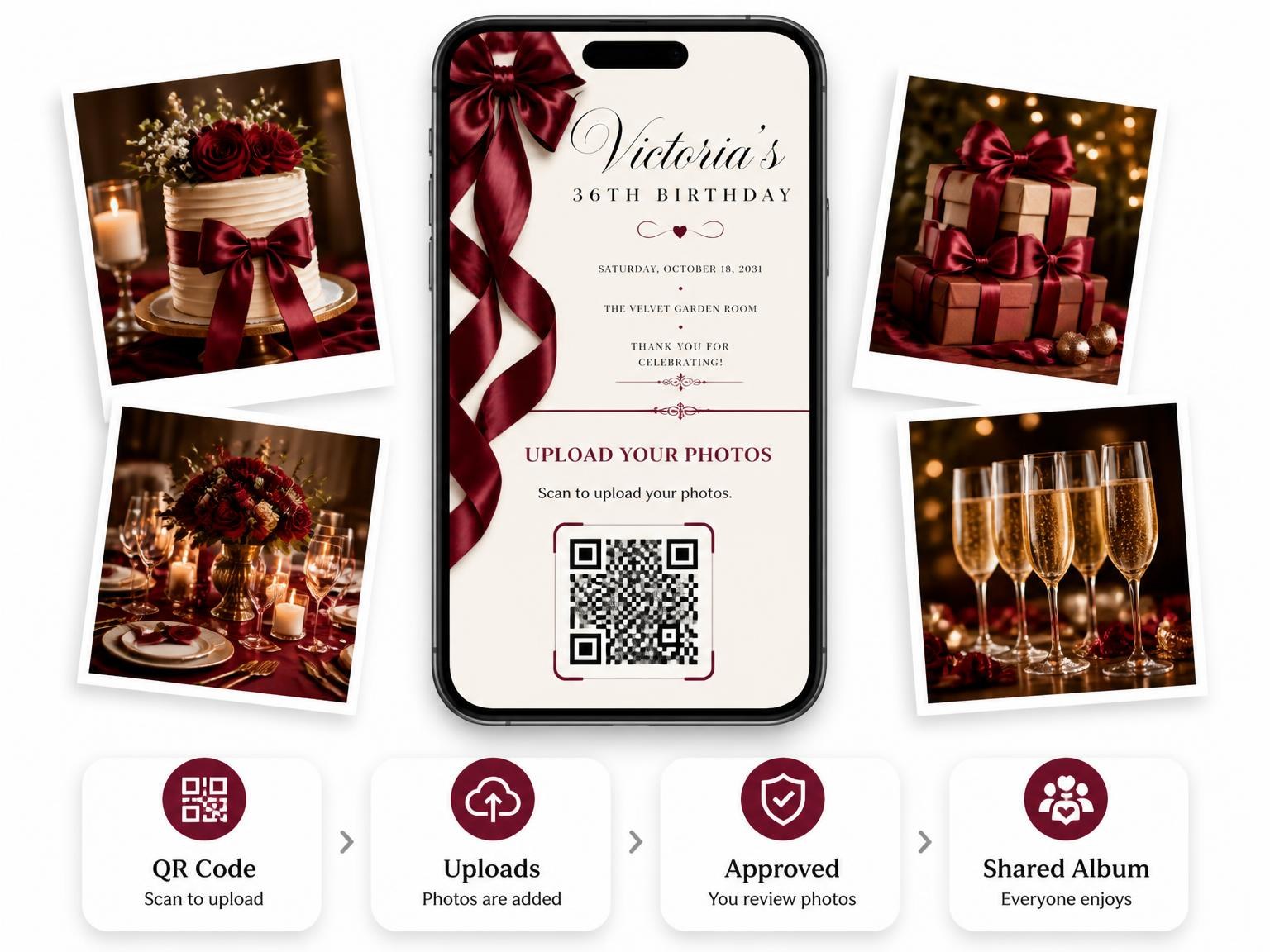 The shared photo gallery that comes with the Burgundy Satin Bow 36th Birthday Invitation invitation