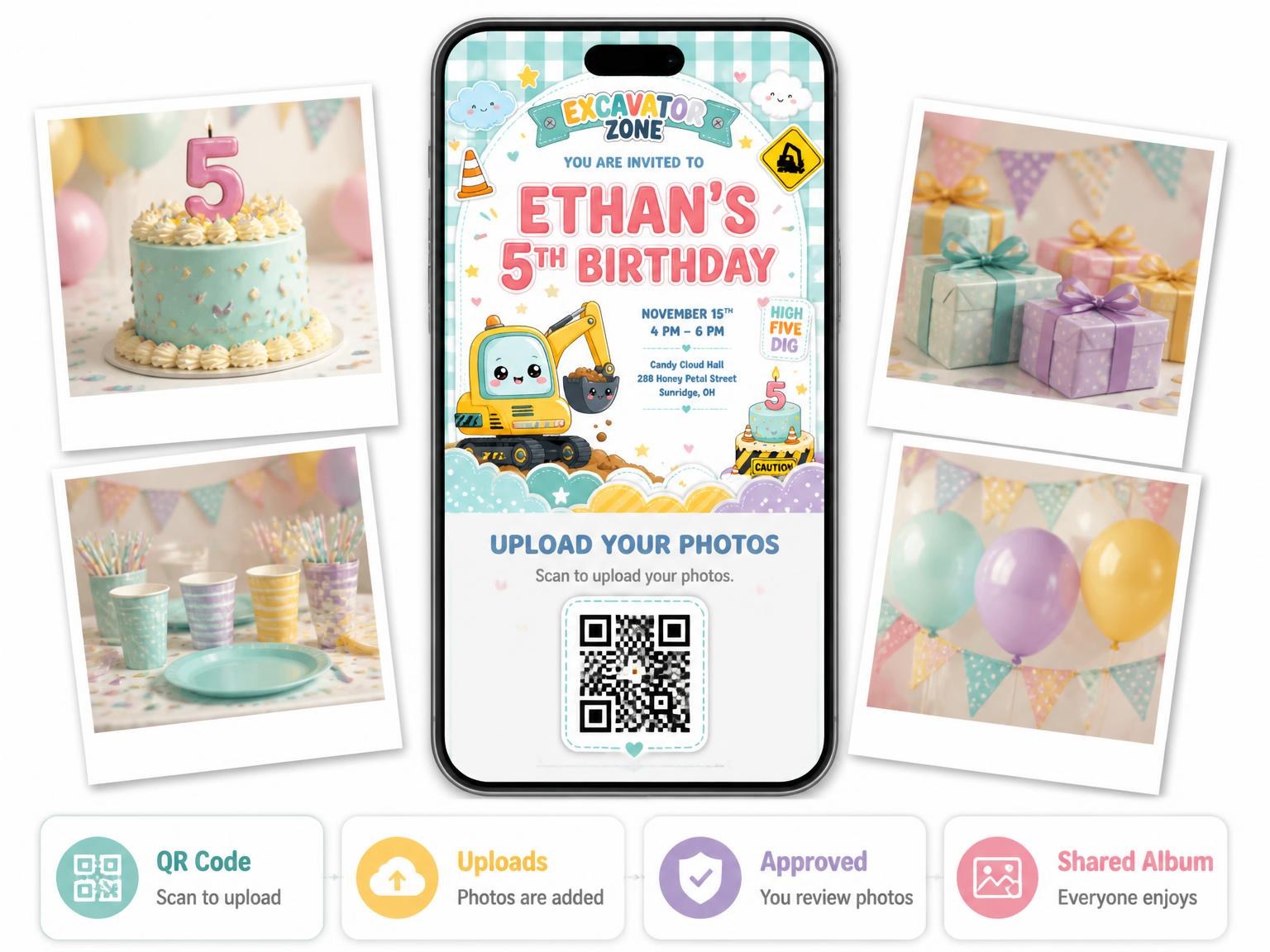 The shared photo gallery that comes with the Construction Cake 5th Birthday Invitation invitation