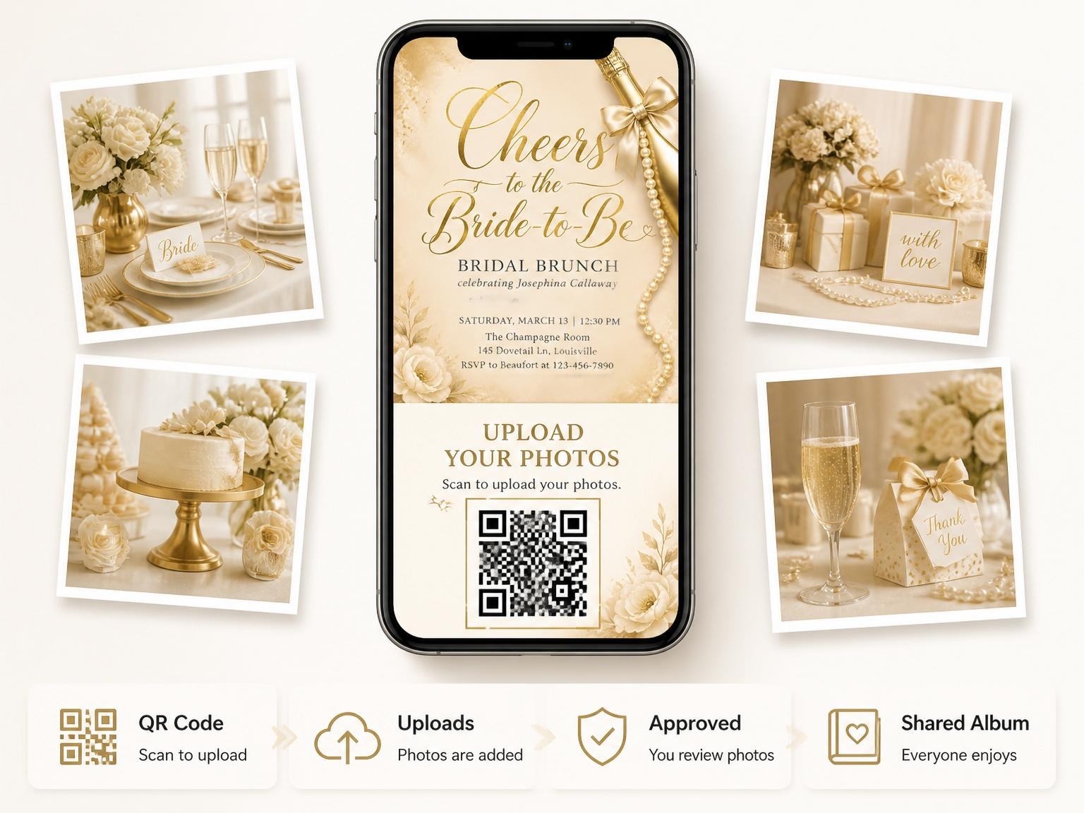 The shared photo gallery that comes with the Gold Foil Champagne Bridal Brunch invitation