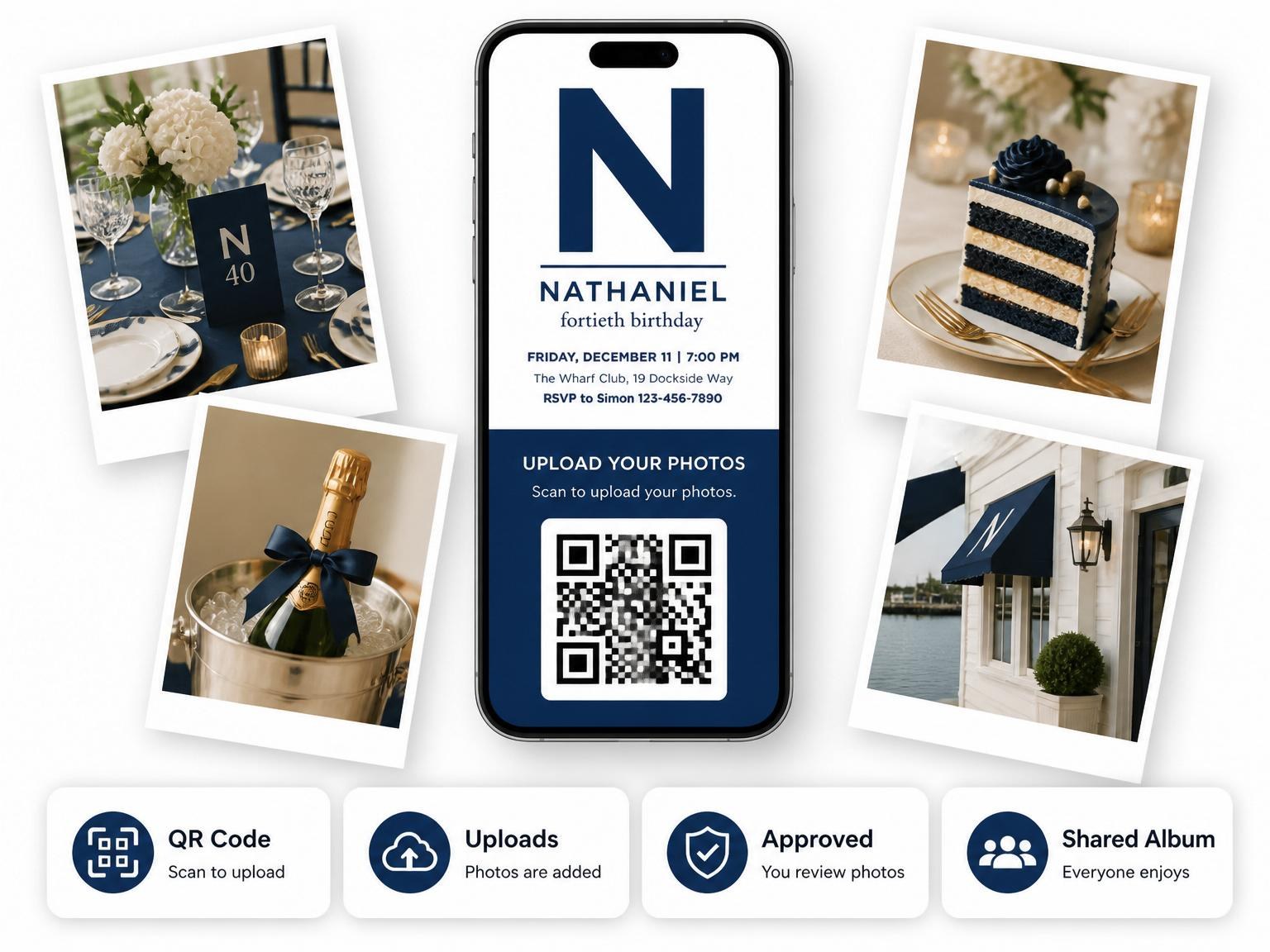 The shared photo gallery that comes with the Navy Initial 40th Birthday Invitation invitation