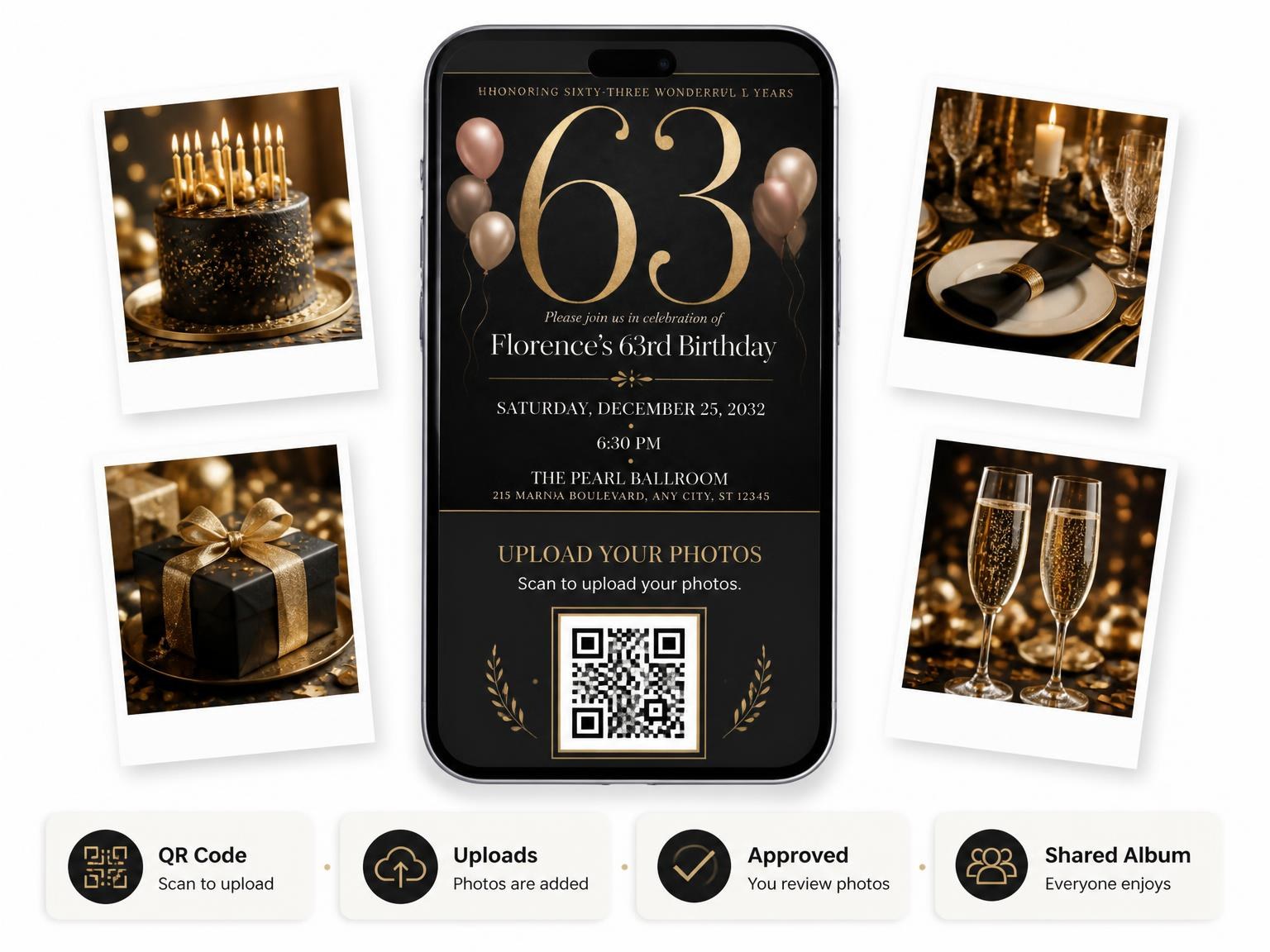 The shared photo gallery that comes with the Charcoal and Blush 63rd Birthday Invitation invitation