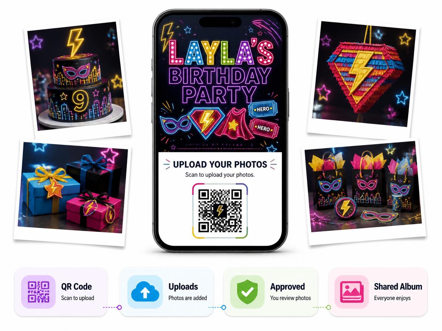 The shared photo gallery that comes with the Neon Superhero 9th Birthday Invitation invitation