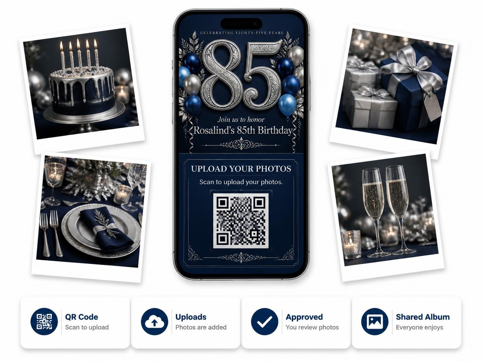The shared photo gallery that comes with the Navy and Silver 85th Birthday Invitation invitation