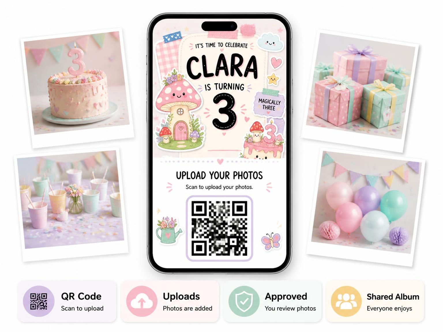 The shared photo gallery that comes with the Mushroom House Pastel 3rd Birthday Invitation invitation