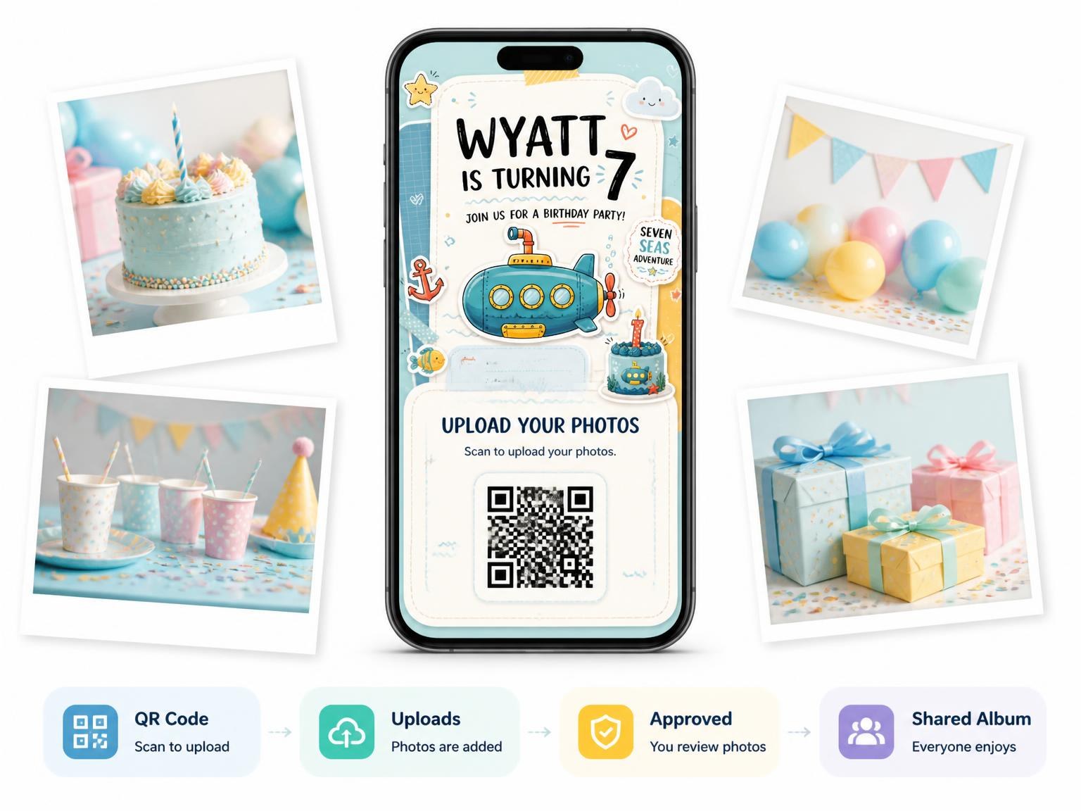 The shared photo gallery that comes with the Teal Submarine Pastel 7th Birthday Invitation invitation