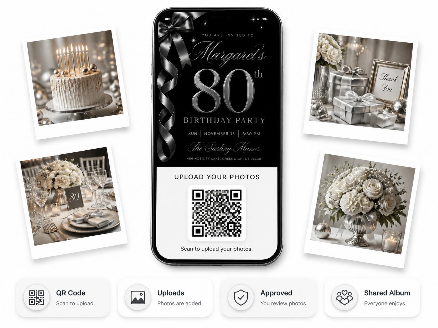 The shared photo gallery that comes with the Silver Ribbon 80th Birthday Invitation invitation