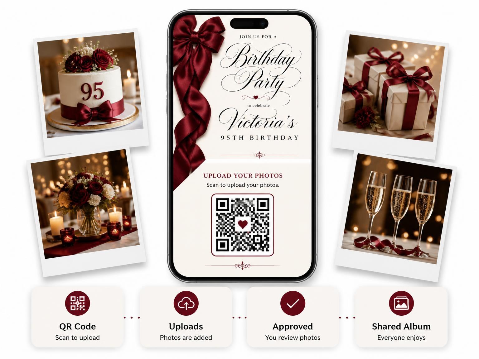The shared photo gallery that comes with the Burgundy Satin Bow 95th Birthday Invitation invitation