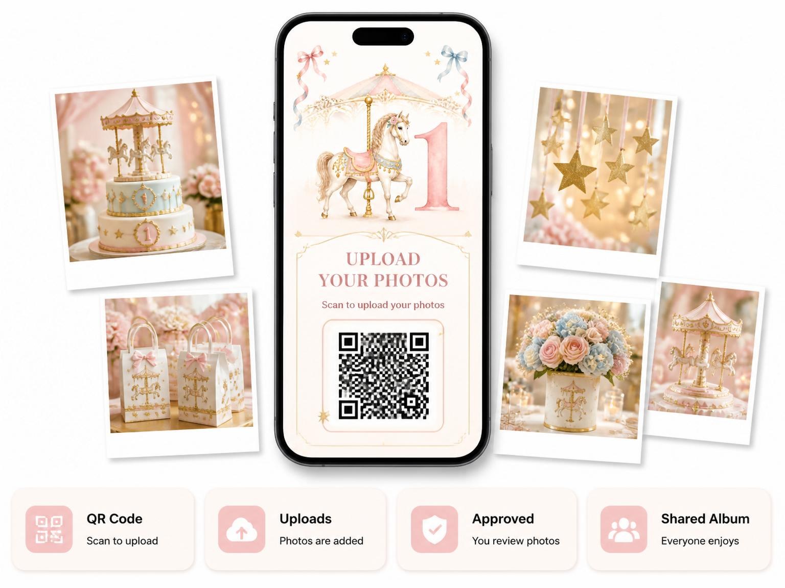 The shared photo gallery that comes with the Pastel Watercolor Carousel 1st Birthday invitation