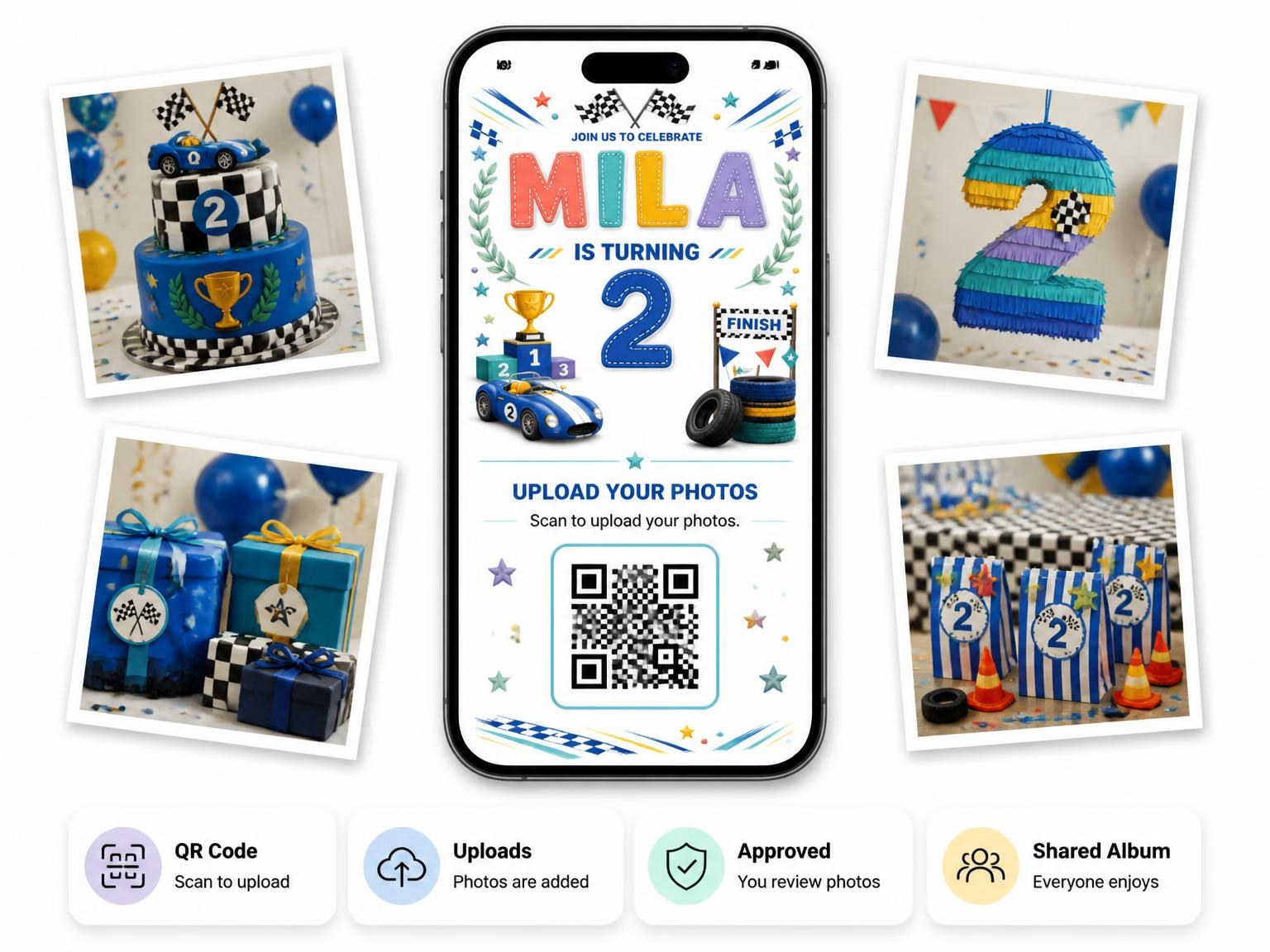 The shared photo gallery that comes with the Stitched Race Car 2nd Birthday Invitation invitation