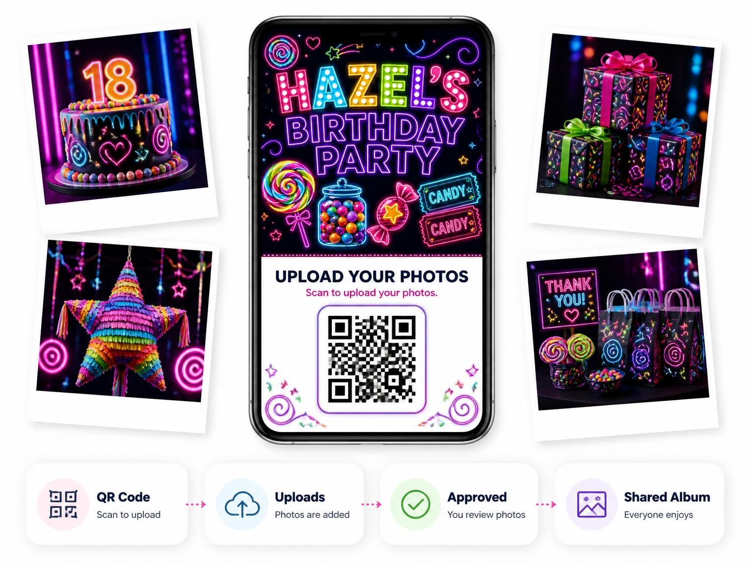The shared photo gallery that comes with the Neon Candy 18th Birthday Invitation invitation