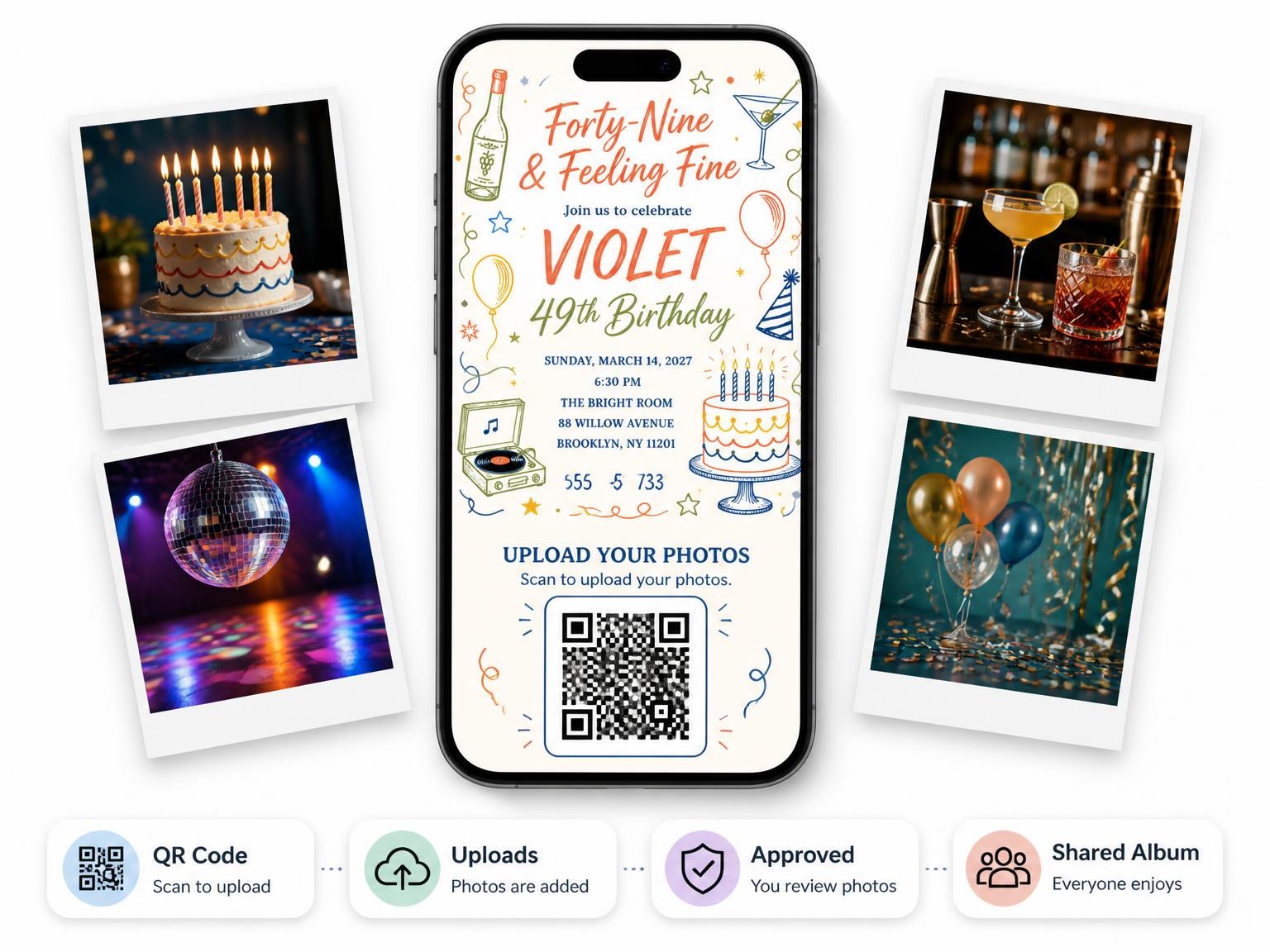 The shared photo gallery that comes with the Retro Doodle 49th Birthday Invitation invitation